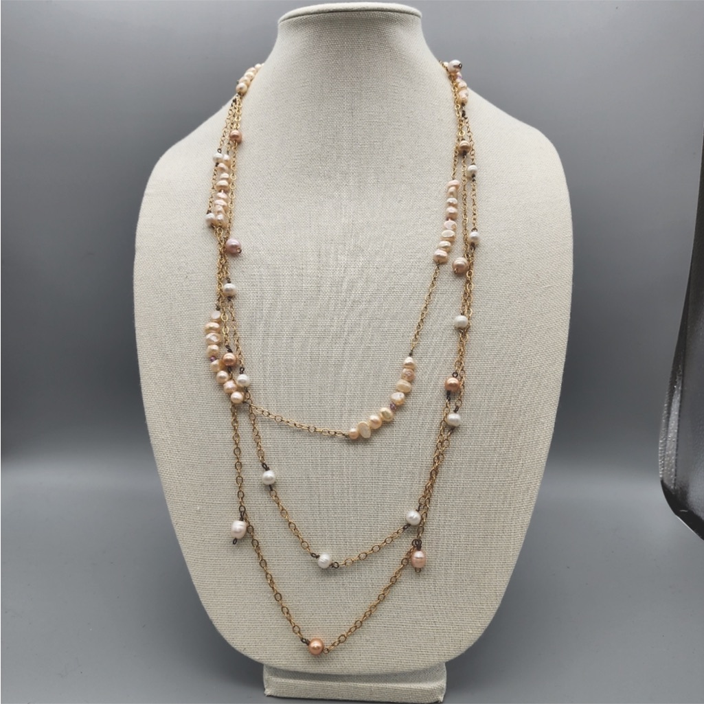 Pink Lustrous Long Wrap Gold Pearl Necklace 17” Top Quality Holiday Fashion
